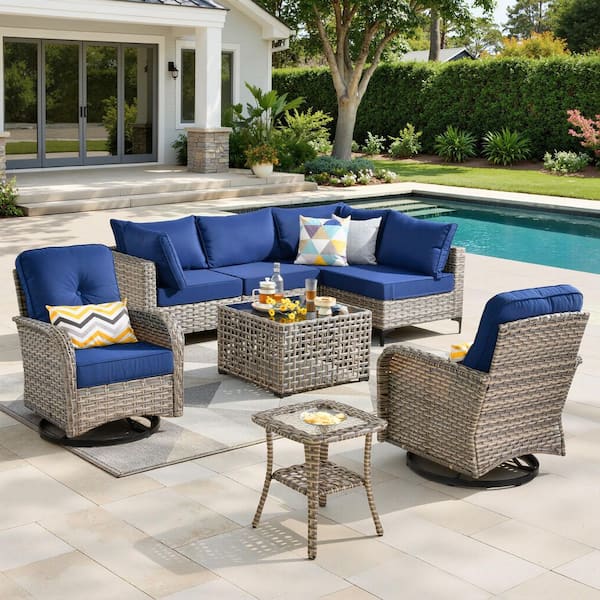 Reno 8-Piece Wicker All-Weather Outdoor Patio Conversation Sofa Set with Swivel Chairs and Navy Blue Cushions