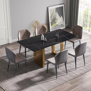 Modern Black Stone 71 in. Rectangular Luxury Gold Column Dining Table Seats 8