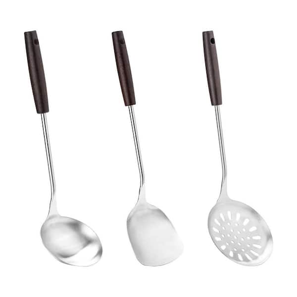 3-Piece Stainless Steel Wood Handle Heat-Resistant Dishwasher Safe Cooking Utensil Accessory Set for Wok