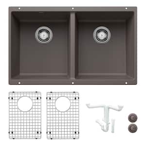 Precis 29.75 in. Undermount Double Bowl Volcano Gray Granite Composite Kitchen Sink Kit with Accessories