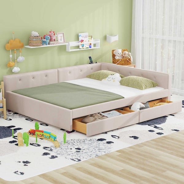 Beige Queen Size Upholstered Daybed with USB and 2 Drawers