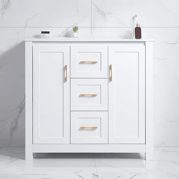 EEN ANDRO TAKIANG INC 36 in. W x 18 in. D x 34 in. H White Bath Vanity with White Ceramic Sink Top,2 Doors and Drawer, MDF Storage