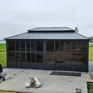 12ft. x 20ft. Patio Hardtop Gazebo Double Top PC Mesh Screen House Aluminum Solarium Backyard Sunroom, 24 Lights, Gray