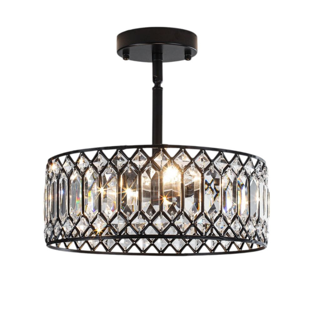 Davidson 12 in. 3-Light Drum Modern Glam Matte Black Crystal Semi-Flush Mount Ceiling Light for Foyer price history on PriceWatchPro