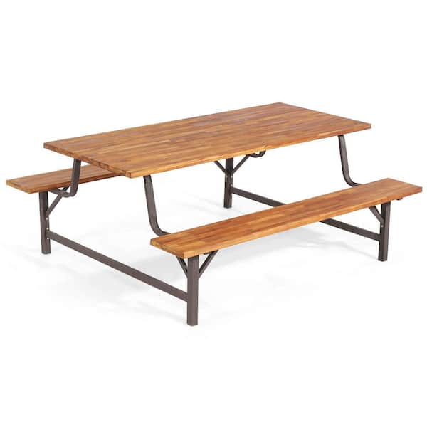 WELLFOR 71 in. L 6-Person Acacia Wood Picnic Table Bench Set