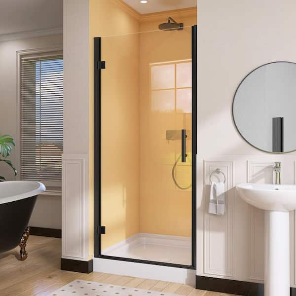 NTQ 34 in. to 35.25 in. W x 72 in. H Left Hinged Frameless Pivot Swing Shower Door in Matte Black with Clear Glass Handle