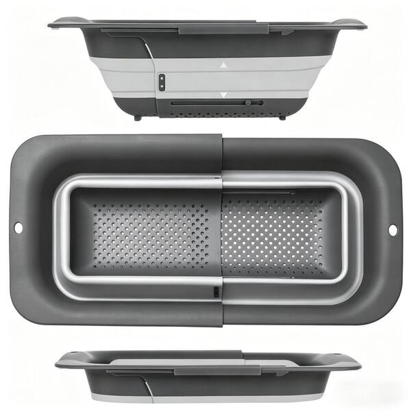 Retractable & Collapsible Silicone Over-the-Sink Colander, Adjustable Sink Strainer Basket for Kitchen, Gray