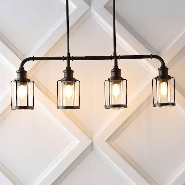 JONATHAN Y Abbott 34 in. 4-Light Oil Rubbed Bronze/Clear Farmhouse Industrial Iron/Glass Linear LED Lantern Pendant