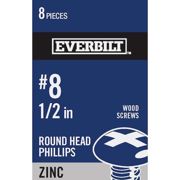 Everbilt #8 x 1/2 in. Phillips Round Head Zinc Plated Wood Screw (8-Pack)