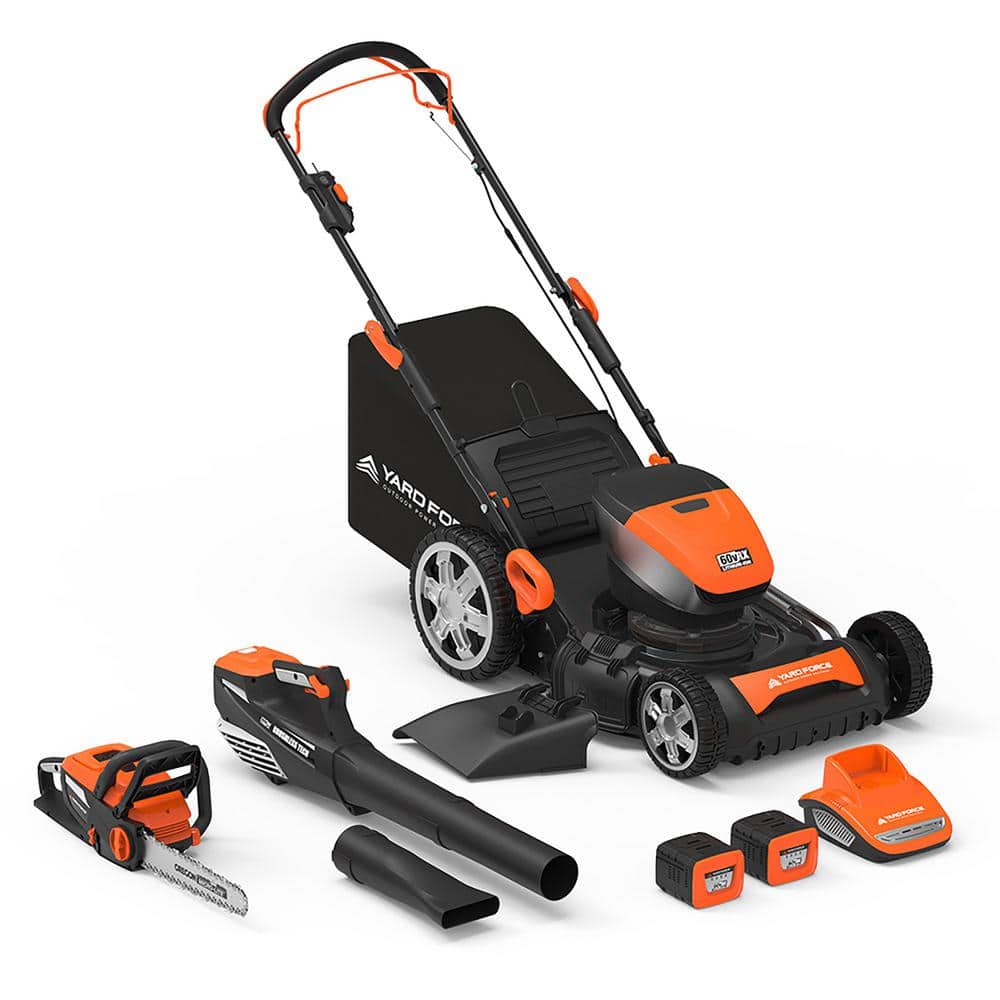 Yard Force 60-Volt Cordless Lithium-Ion Mower, Blower, Chainsaw, 4.0 Ah Battery, 2.5 Ah Battery and Charger Combo Kit (6-Tool)