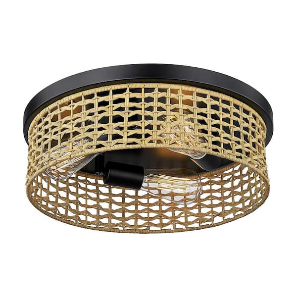 JAZAVA 14.9 in. 2-Light Bronze Flush Mount with Woven Boho Shade and No Bulbs Included for Hallway Bedroom