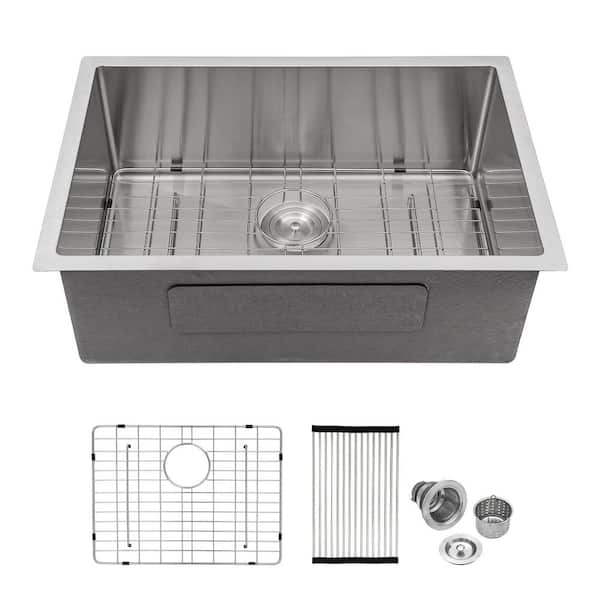 Sarlai 30 in. Undermount Single Bowl 16-Gauge Stainless Steel Kitchen Sink R10 Round Corner with Rolling Drying Rack