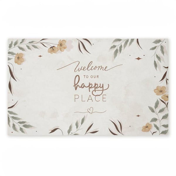 Our Happy Place Floral Welcome White 18 in. x 30 in. Polyester Non-Slip Outdoor Door Mat