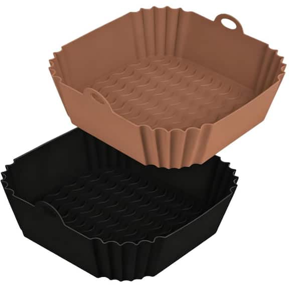 8 in. Silicone Air Fryer Liners with Square, Reusable, and Inserts for Oven and Microwave Use, Black and Brown (2-Pack)