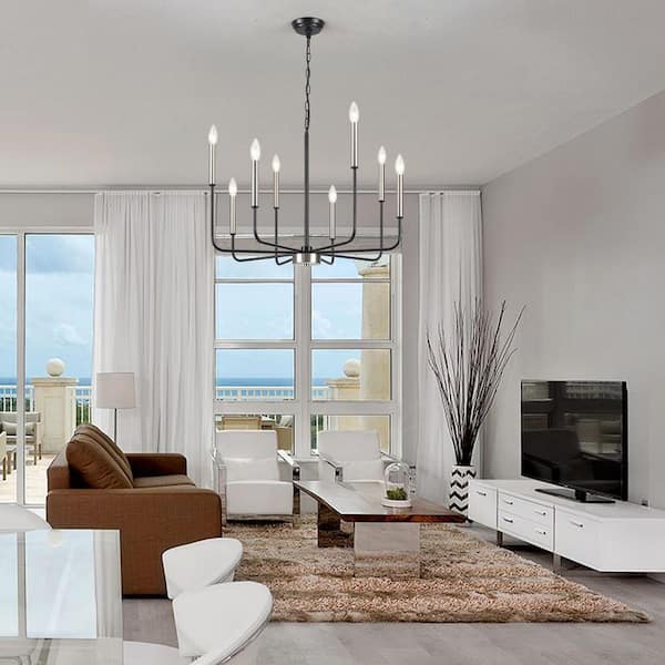 8-Light Black and Nickel Candlestick Hanging Linear Chandelier Lighting Ceiling Light for Kitchen Island