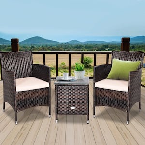 3-Pieces Outdoor Patio Rattan Wicker Furniture Set Yellowish Cushioned Chairs Coffee Table