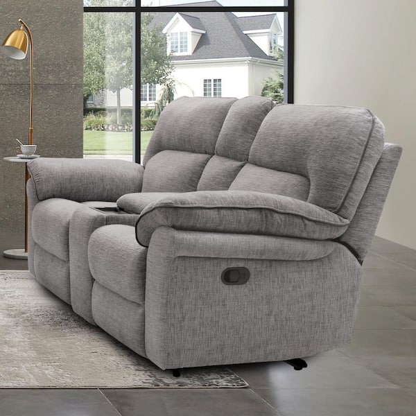 Furniture of America Monku 77 in. Light Gray Polyester 2-Seater Reclining Loveseat with Cup Holder