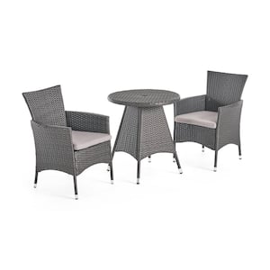 Melissa 28.35 in. Grey 3-Piece Faux Rattan Round Outdoor Bistro Set with Silver Cushions