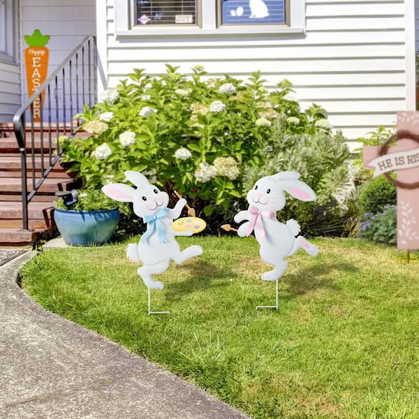 Glitzhome 24 in. H Easter Metal Bunny Painter Yard Stake (KD) (Set