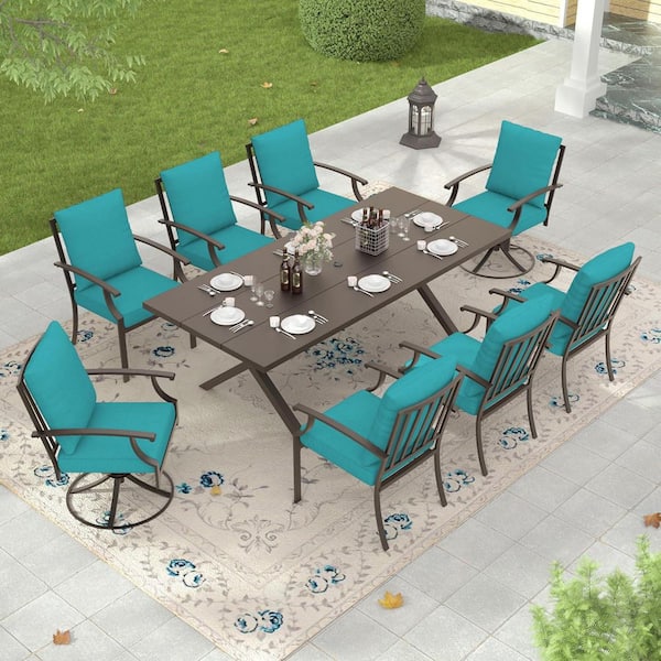 9-Piece Metal Rectangular Outdoor Patio Dining Set with 2 Swivel Chairs, 6 fixed Chairs, Blue