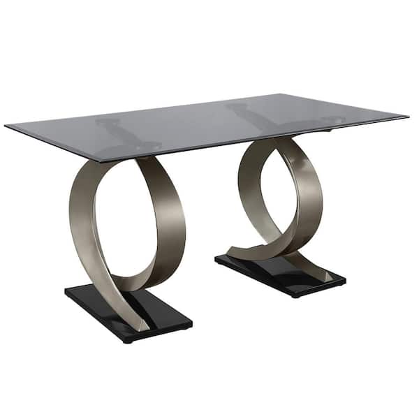Meiler Gray and Champagne Glass Top 58 in. Double Pedestal Dining Table (Seats 6)
