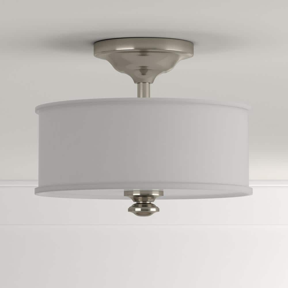 Etched White Glass & Brushed Nickel 2-Light Semi-Flush Ceiling Fixture