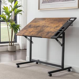 Drafting Table with Wheels, 23.6 in. Rectangle Brown Wood Desk Drawing Table Tiltable Writing Desk with Pencil Ledge