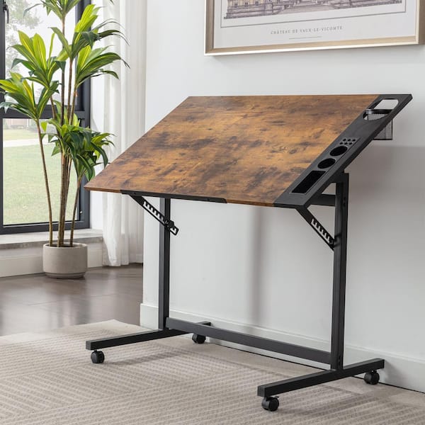 VECELO Drafting Table with Wheels, 23.6 in. Rectangle Brown Wood Desk Drawing Table Tiltable Writing Desk with Pencil Ledge