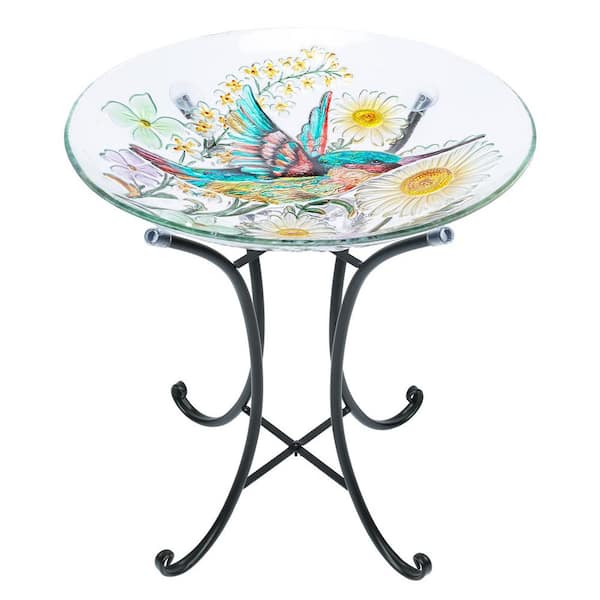 18 in. Dia Outdoor Bird Bath-Hummingbird Glass Large Bird Bath Bowl with Metal Stand, Bird Feeders- Multi-Colored