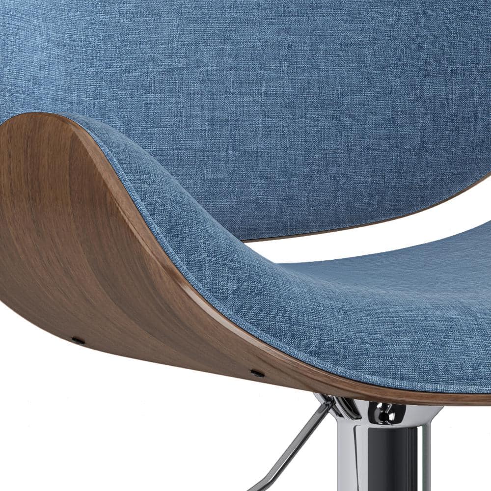 Blue Linen Adjustable Swivel Bar Stool with Wood Accents