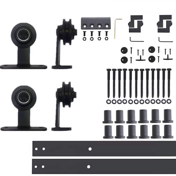 HOMACER 16 ft./192 in. Black Rustic Non-Bypass Sliding Barn Door Hardware Kit T-Shape Design Roller for Double Doors