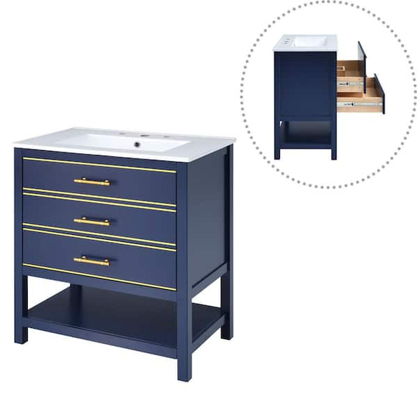 30 in. W x 18 in. D x 34 in. H Single Sink Bathroom Vanity in Navy Blue With White Ceramic Top