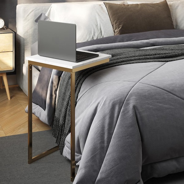 15 in. C-Shaped Square End Table with Gold Iron Frame for Couch or Bed, Modern Style Real Marble Side Table, White/Gold