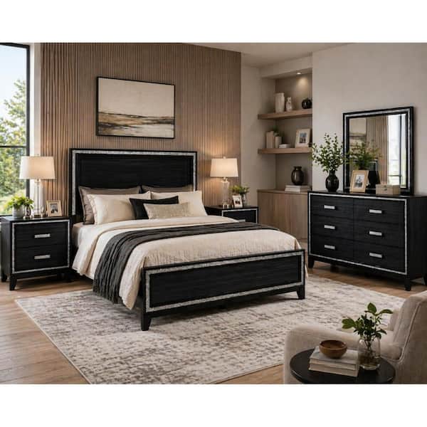 black bedroom dresser set Benjara Queen Size Set, Finish, 5-Piece with Bed, 2 Nightstands, and Mirror modern black bedroom sets