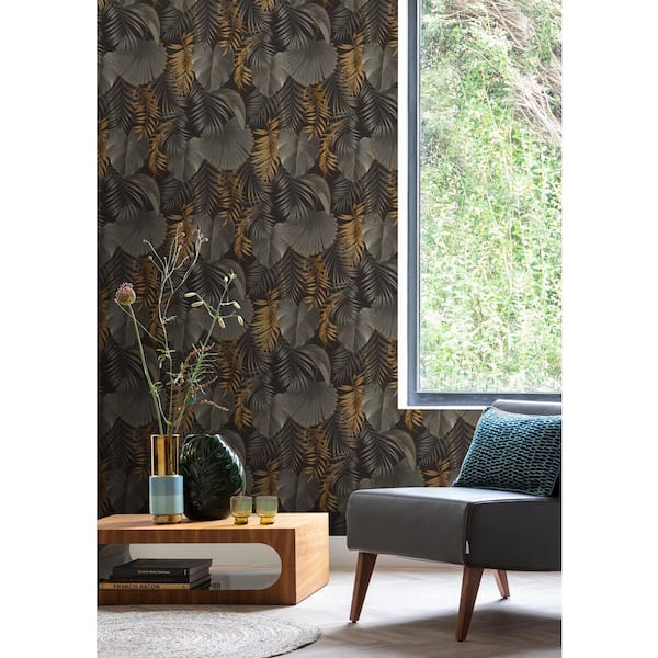 Valdivi Black Palm Fronds Vinyl Non-Pasted Wallpaper Roll