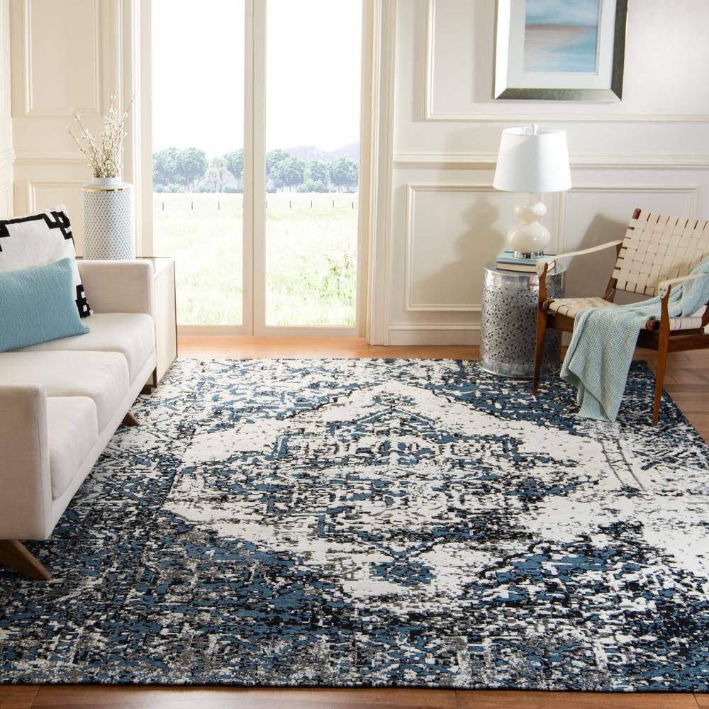 Navy and Ivory 8' x 10' Cotton Chenille Area Rug