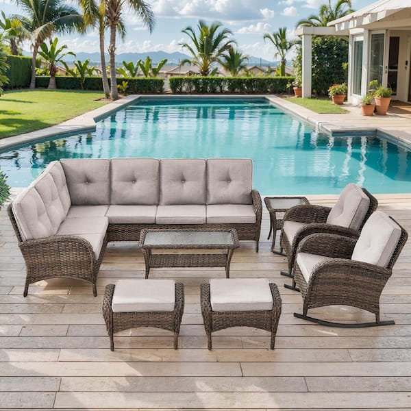 moosprr 8-Piece Brown Wicker Outdoor Sectional Set with Olefin Beige Cushions and L-Shaped Sofa/Rocking Chairs