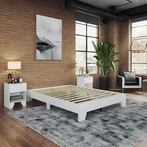 Lugano White Wood Frame Full Platform Bed with Modern No Headboard Design, Easy Assembly