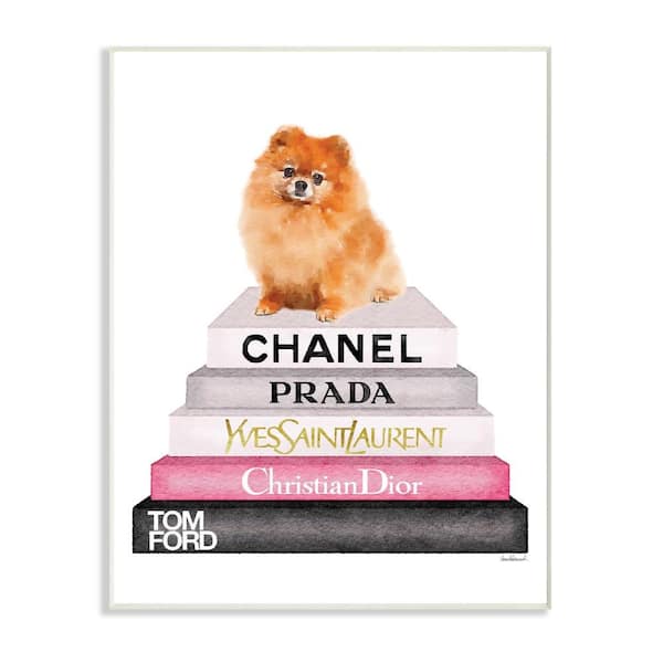 Stupell Industries 12.5 in. x 18.5 in. "Watercolor High Fashion Bookstack Pomeranian Dog" by Artist Amanda Greenwood Wood Wall Art