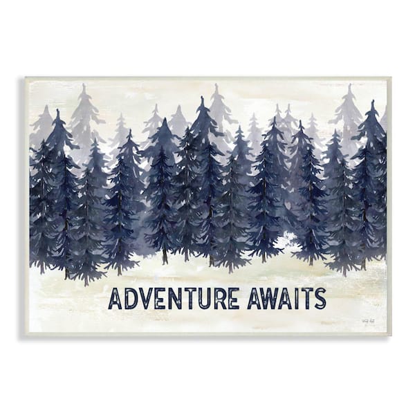 Stupell Industries "Adventure Awaits Quote Blue Pine Forest Scene"by Cindy Jacobs Unframed Typography Wood Wall Art Print 13 in. x 19 in.