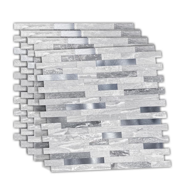 Metal Blue Pearl Oblong Brushed Silver 11.50 in. x 11.70 in. PVC Metal Peel and Stick backsplash Tile (0.9 sq. ft./Pack)