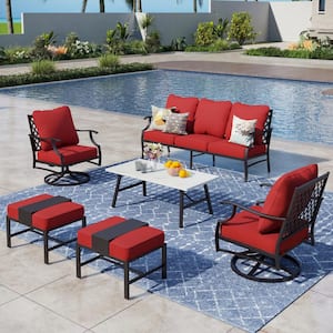 Black Meshed 7-Seat 6-Piece Metal Outdoor Patio Conversation Set with Red Cushions and Table with Marble Pattern Top