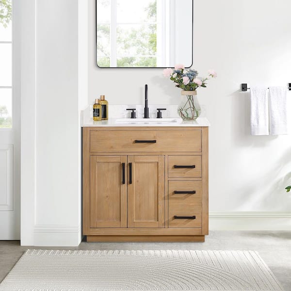 Gavino 36 in. W x 22 in. D x 34 in. H Bath Vanity in Light Brown with Grain White Composite Stone Top