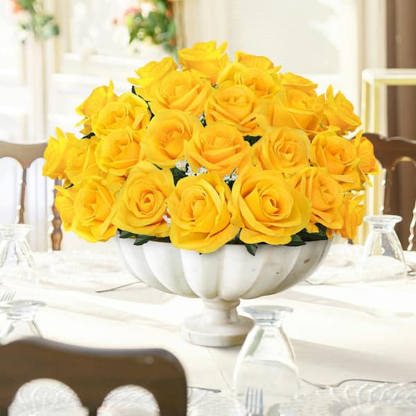 14 in. Yellow Artificial Open Rose Flower Stem Bush Bouquet (Set of 12)