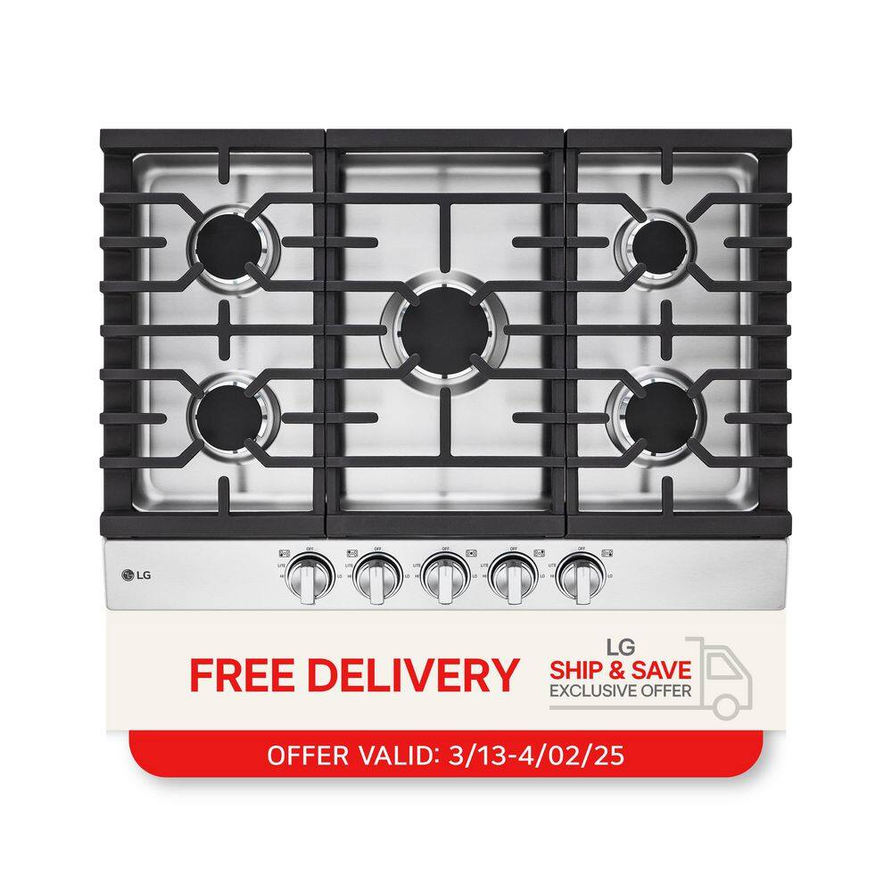 30 in. Gas Cooktop in Stainless Steel with 5 Burners with EasyClean
