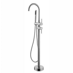 Double-Handle High Flow Freestanding Tub Faucet with Handheld Shower in Brushed Nickel
