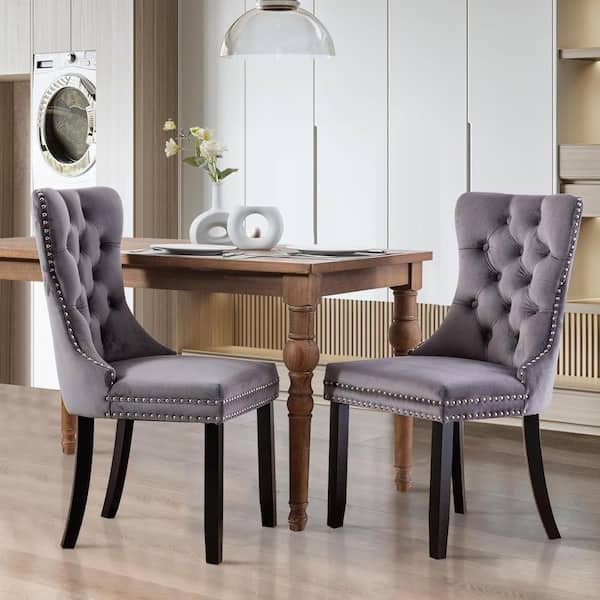Luxury Gray Velvet Dining Chairs Set of 2, Tufted Upholstered Wing Back Chairs with Back Ring Pull, Nailhead Trim