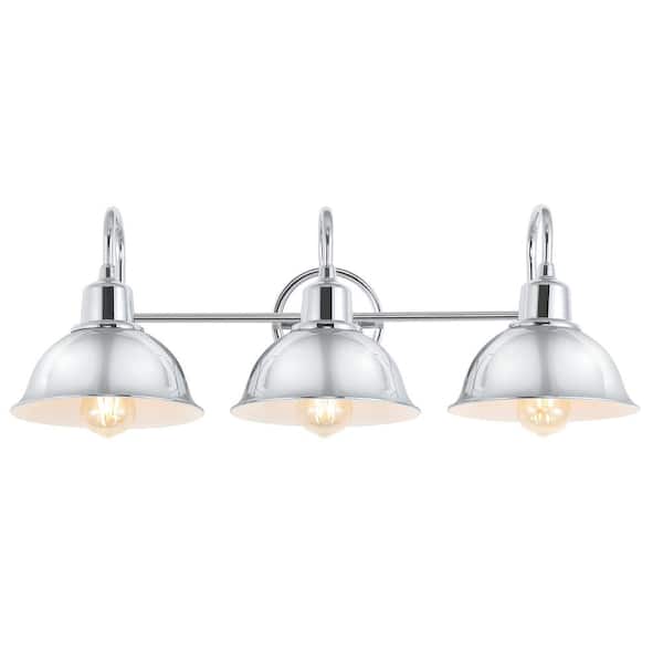 Frisco 26.5 in. 3-Light Farmhouse Industrial Iron Shade Vanity Light, Chrome