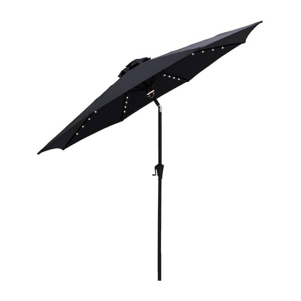 FLAME&SHADE 9 ft. Aluminum Market Solar Lighted Tilt Patio Umbrella with LED in Black Solution Dyed Polyester