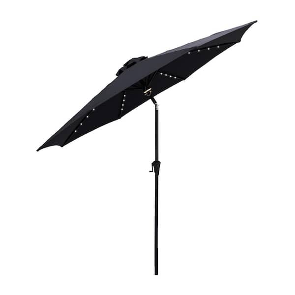 FLAME&SHADE 11 ft. Aluminum Market Solar Lighted Tilt Patio Umbrella with LED in Black Solution Dyed Polyester